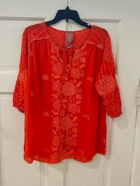 Johnny Was Embroidered Bohemian Quarter Sleeve Tassel Blouse Size Large